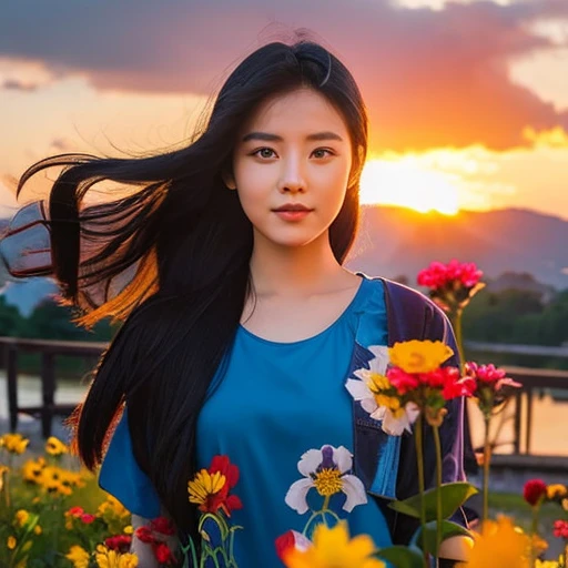 “A young Asian woman with a round face,Actions with different poses,Ponytail,Black hair, extra long hair, 2 meters,My hair blows in the wind,Standing amidst the natural scenery, there are colorful flowers of red, yellow, green, purple, and white.,And the b...