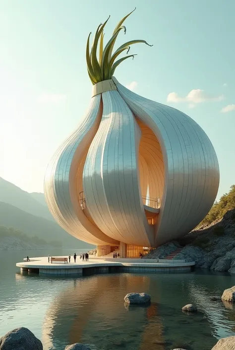 Create an image in which the building like the half piece of onion.like real