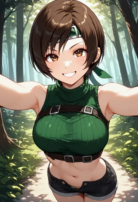 score_9, score_8_up, score_7_up,BREAK best quality,high quality,masterpiece,aesthetic,very aesthetic,soro,,1girl,yuffie kisaragi,final fantasy,short hair,head band,navel,sleeveless,turtleneck
brown eyes,sleeveless turtleneck,gloves,crop top,brown hair,shor...