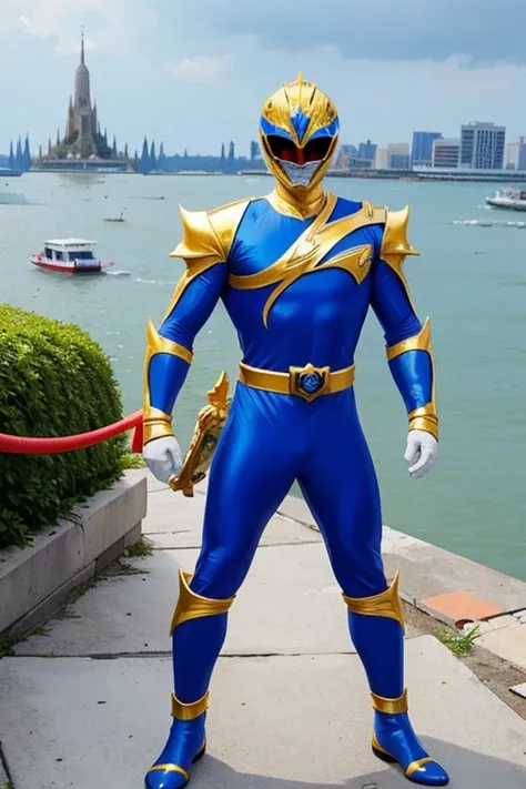 Power Ranger, The colors of his costume are gold and sapphire blue.。.。Blue Line. he、With Wat Arun in the background、Standing on top of an abandoned building。.