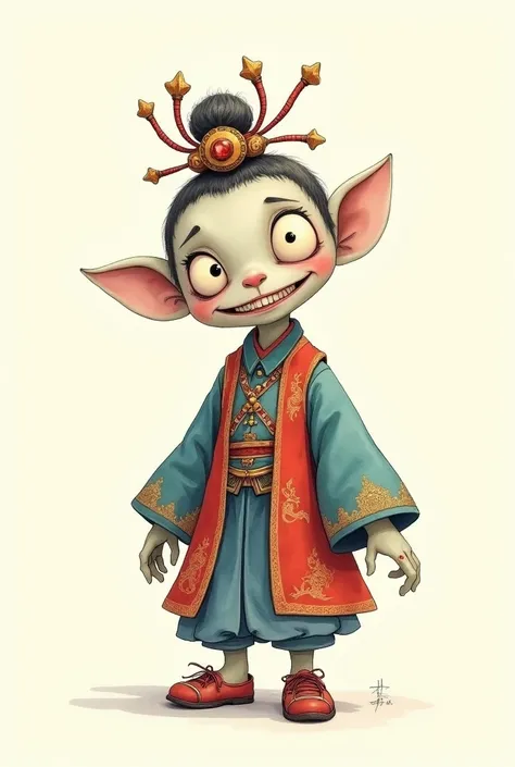 A cute cartoon zombie wearing ancient Chinese court official uniform, hat and shoes，Watercolor Studio Ghibli style，No background