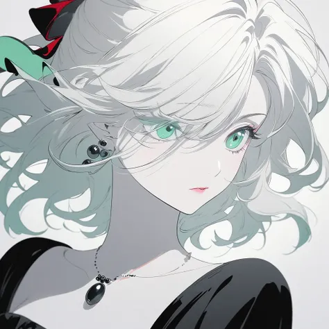 A young woman，(A red ribbon covers one eye)，illustration，With black aesthetics、Anime aesthetic style，I cant believe how beautiful it was，Black Pearl and Mint，Monochrome minimalist portrait，Pop artistic sense，whole body，Dynamic，