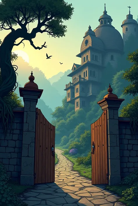 "A cartoon version of a narrow, winding road in the misty hills of Himachal Pradesh, leading to a large, slightly exaggerated spooky mansion—Dharampur Haveli. The haveli’s tall wooden gates are crooked, and playful, twisty banyan trees surround the crumbli...