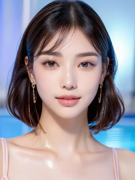 Poolside at night、Light up the pool、Lots of blue and pink lighting、A swimsuit that reflects light like polished metal、Metal Reflection、Muscular、Oil-coated skin that reflects light with a shiny glow、Japanese、Chin-length oval bob with loose inward curls、The ...