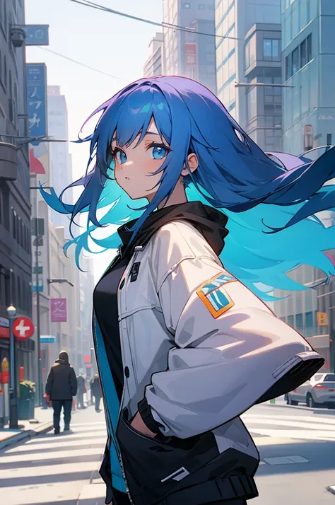 Absolute Zero hair color , Female, city background, street clothes