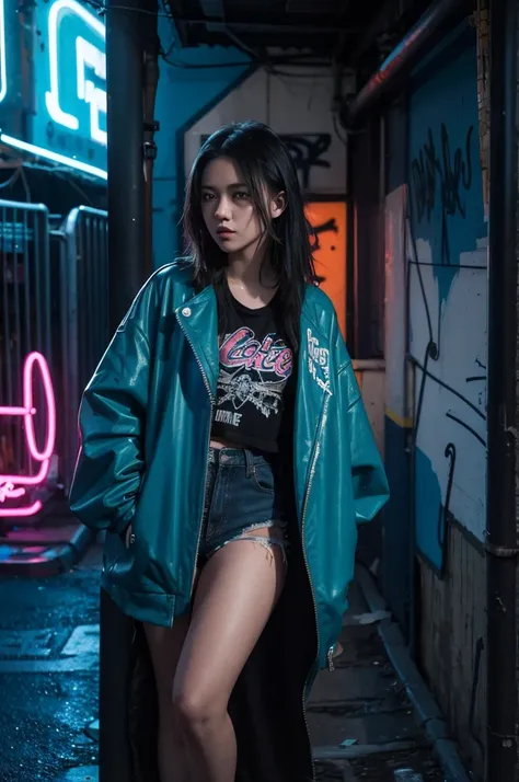 a girl in a graffiti-covered alley, grunge aesthetic, casual clothing, blue neon lighting, cinematic composition, hyper-realistic, 8k, masterpiece, highly detailed, photorealistic