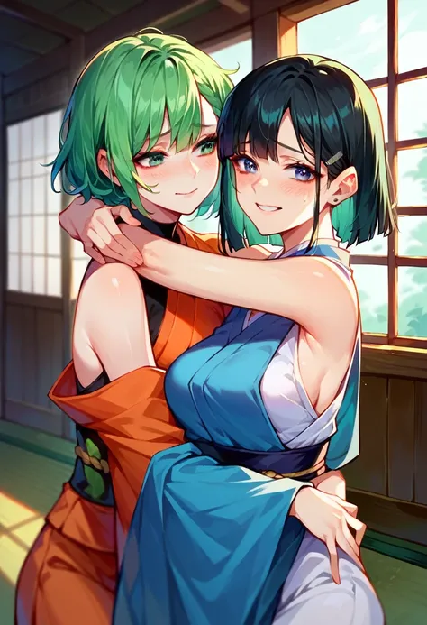 Embarrassed little black haired Japanese teenage girl Ai ,Smiling green haired cyborg woman with large robotic shoulders and neck,(There must be two people in the image),Inside a Japanese style house,hug,Two women,Keychaina,