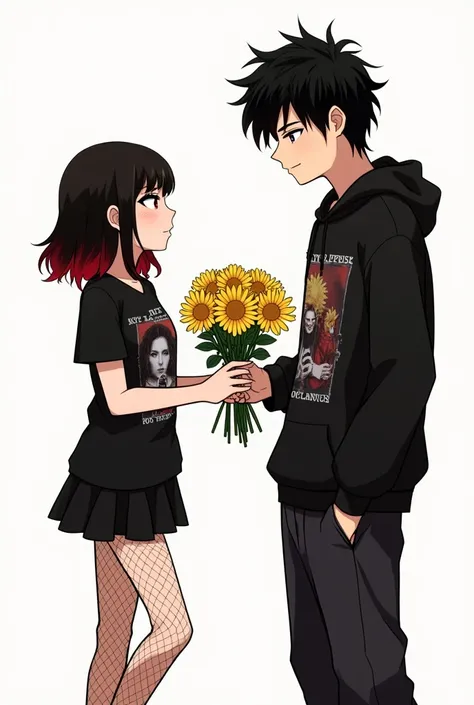 Anime style drawing without many details of a white girl with black hair with red highlights, eyeliner, thick thighs, dressed in a black skirt and fishnet stockings with a black My Chemical Romance shirt receiving yellow flowers from a boy with medium-long...