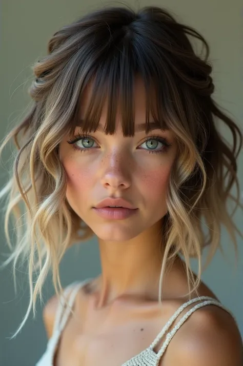 A girl with sun-kissed brown hair and baby blonde highlight in hair. Short hair, up to her chest and both of her curtain bangs are silver dyed. One of her silver bang is braided and clipped with her hair. She has cat eyes and has a big mole on her adams ap...