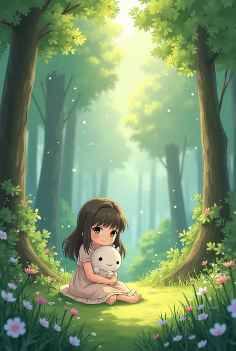 girl sitting in the middle of a forest holding a rabbit in her arms.   Anime estile