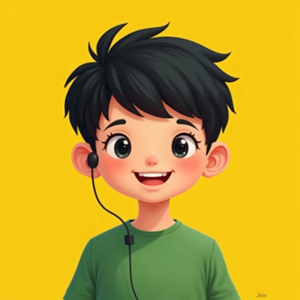 The 2d image is a digital illustration of a young boys face. The boy has black hair and is wearing a green t-shirt. He has a happy mood on his face and is looking directly at the viewer. The background is yellow.Mouth locked.Brown Hair, Clear and lightly f...