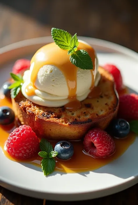 Toast bread with caramel sauce, vanilla ice cream on top, berries and mint leaves on the side of the plate, looks delicious. Natural light, camera angle from above., Wide angle view, F1 aperture.8, เลนส์ Sony FE, Wide Angle Lens, 