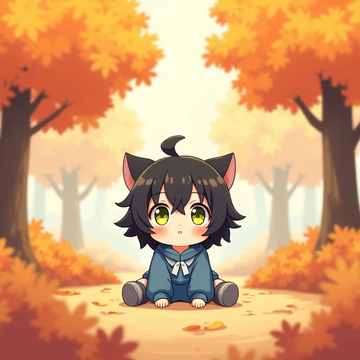 Chibi Character,High image quality,Facing forward,Short,Black Hair,Yellow-green eyes,Blue clothes,Grey trousers,cute,Fluffy atmosphere,I&#39;m sitting flat on the floor,Blushing, Look at, smile, Maple scenery