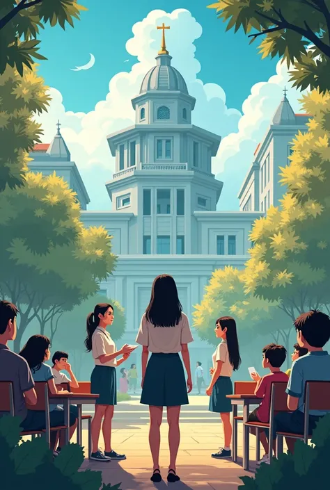 CREATE A "DIGITAL  POSTER" where the background is the Capitol
University ( a well known university from Philippines Cagayan) with name and there’s a student which is facing front with her instructor and friends and beside her is the future who is professi...