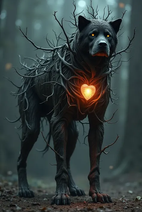 rottweiler monster made out of branch standing on its four legs and there is a gem as a heart, slightly exposed between the branches, standing on its 4 legs