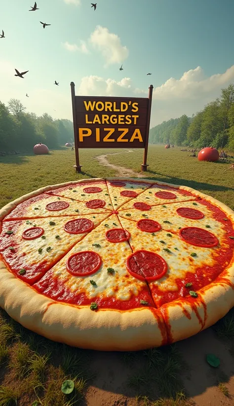 There is a board on the ground and it says World Largest Pizza.