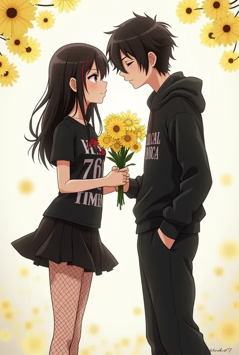 Anime style drawing without many details of a white girl with black hair with red highlights, eyeliner, very thick thighs, dressed in a black skirt and fishnet stockings with a black My Chemical Romance shirt receiving yellow flowers from a boy with medium...