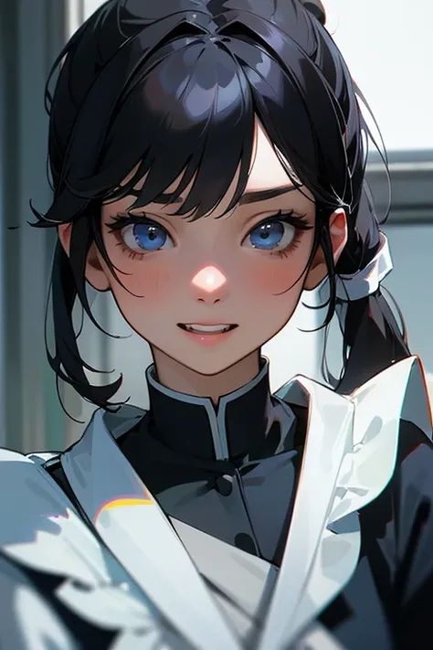 (Highest resolution clear_image) Best Quality, single, One Woman, Alone, masterpiece, Very detailed, Somewhat realistic, Black Hairのショートヘア, Black Hair, bangs, 1, Mature, light blue Uniform, Uniform, Indoor Background, kind, Authoritative, Powerful, Exquisi...