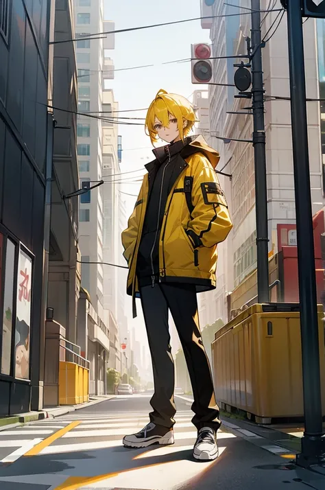 Arylide yellow hair color male, city background, street clothes