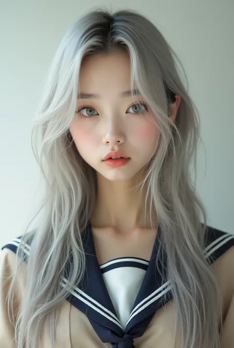 japanese young dyed silwer blond long hair, stunningly beautiful appearance, future actress, sexy make-up, black long eyeliner, mongolian eyes, large pronounced lips, thin face, tender look, gorgeous physique, school uniform, photorealism