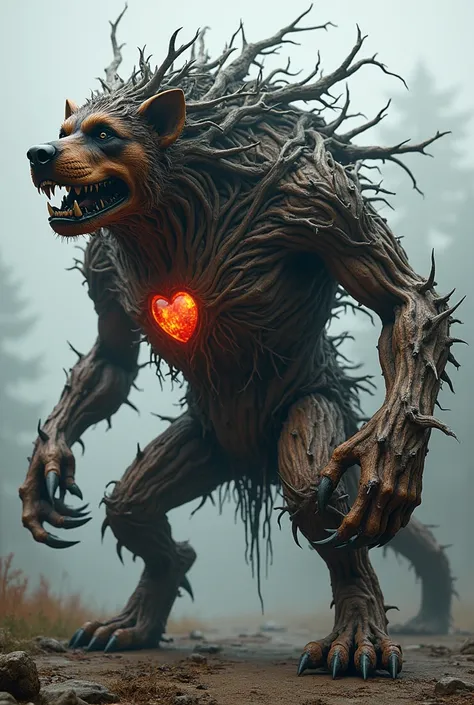 rottweiler monster made out of branch standing on its four legs and there is a gem as a heart, slightly exposed between the branches, standing on its 4 legs. make it more beastly