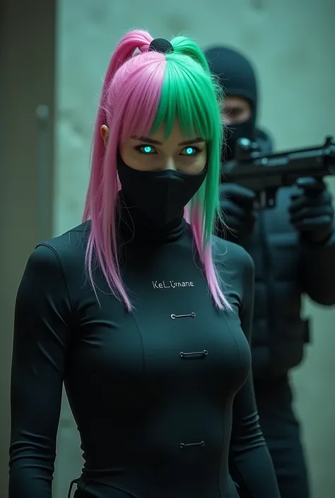 one , with green and pink hair tied together, with a black outfit and a blue fire in his hand, on video, it&#39;s a black mask, with a gun on his back, and her eyes shine a slightly light blue color, and on his chest it is written in small fonts,“Kellyane”...