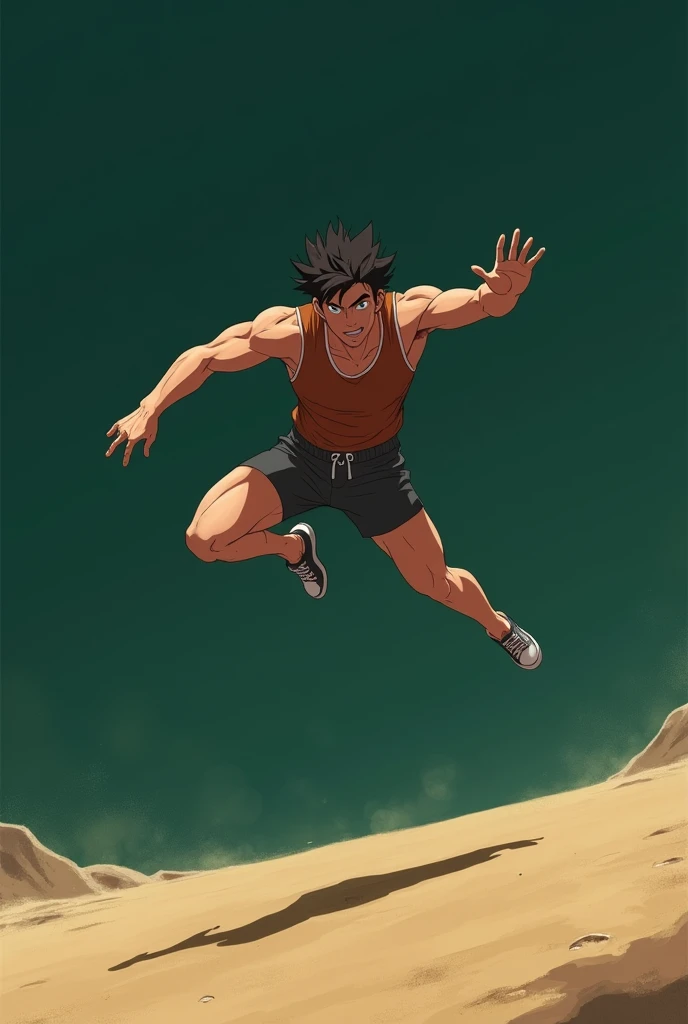 A 1 anime men doing flight position in the air of long jump in a sand pit with side view in the air with a darkest green background. Realistic 