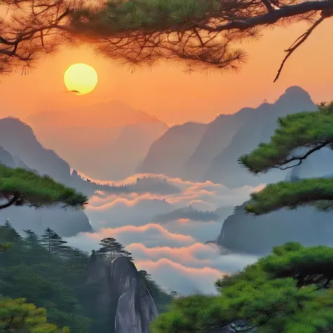 arafed view of a mountain range with pine trees and a sunset, stunning nature in background, the taoist temples of huangshan, ma...