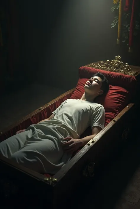 dead young man, lying in a casket, cotton wool inserted in both his nostrils