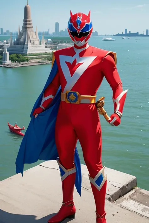 Power Ranger, The colors of his costume are 白、Blue Line. he、With Wat Arun in the background、Standing on top of an abandoned building。.