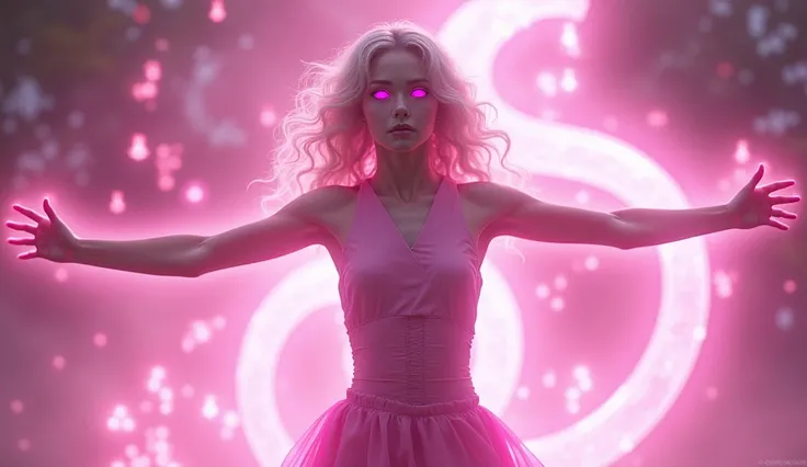 white skin 1 girl wearing sleeveless pink power Ranger costume raising her arms up summoning legendary pinkish aura with a snake hologram her eye balls glowing purple