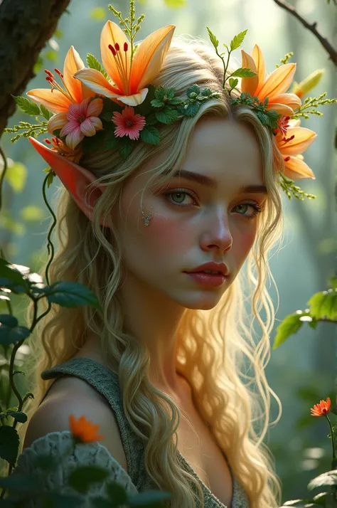 Male elf with vines and flowers as hair
