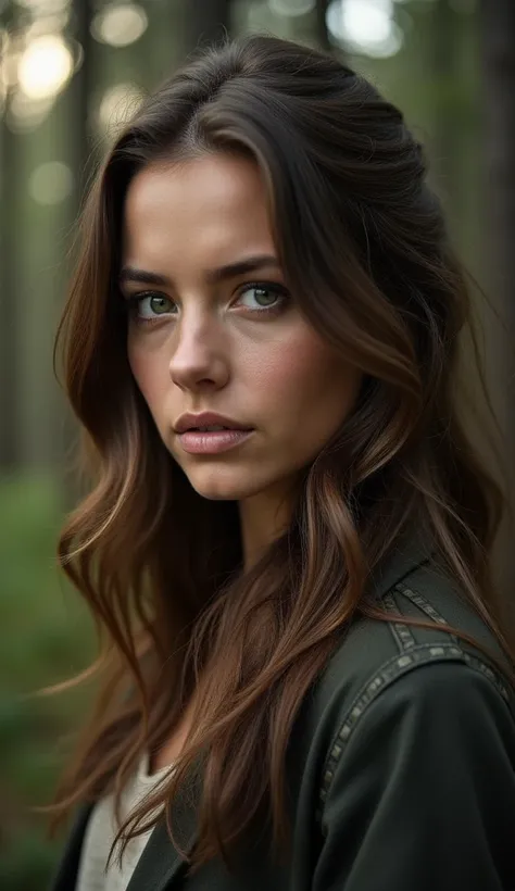 A close-up shot of a woman in her early 30s with long, slightly wavy brown hair and intense green eyes, standing outdoors. She is facing forward, her expression serious and focused, with her lips pressed together and a subtle tension in her jaw. The soft l...