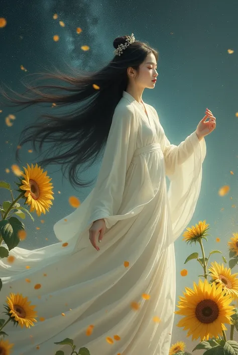 Universe, a long-haired Chinese woman wearing a white ancient Chinese dress, with sunflowers floating around her, as if she had an inner power.