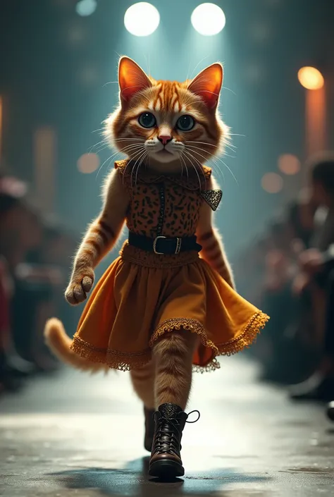 Create an anthropomorphic cat walking down a runway, radiating confidence and style. The cat should be wearing a dress, shoes, and big eyes. The scene should feel like a fashion show, with dramatic lighting focused on the cat, giving it a cool, modern vibe...