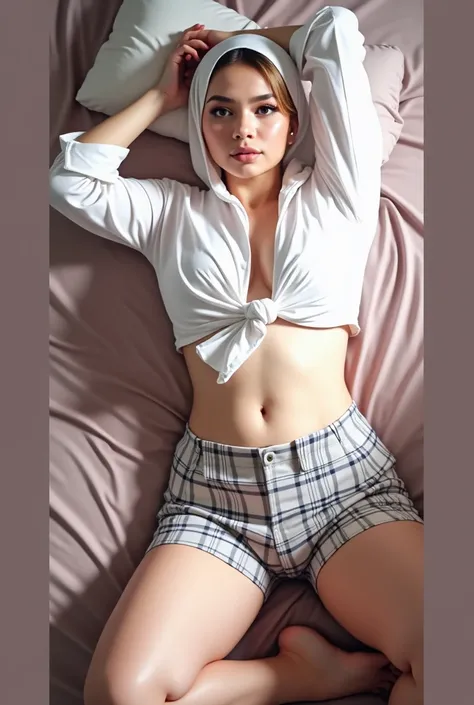 Beautiful pale eighteen year old teen girl, in beautiful large hijab, in heavy makeup, eyeshadow, mascara, open white shirt, exposing busty curvy body and breasts, pink areolas, short and sexy plaid skirt, long sexy legs and feet on bed, beautiful body, en...