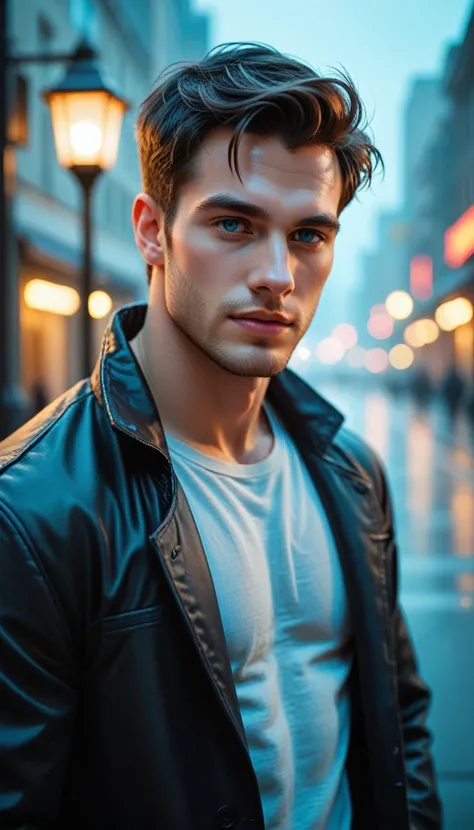 A handsome man with bright eyes,black flowy hair, natural beauty, handsome face,sharp jaw line, photogenic expression, wearing shirt and over coat, in a misty environment, evening time, near a street lamp, in a futuristic city, best quality photo, 16 k res...