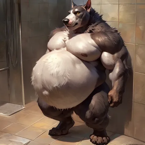 An unusually gargantuan anthropoid growing into immense bulky body size in a small shower enclosure with small space around him, its wide and bulky body filling the thight and small space around, its belly has an enormous and round size that is dominant; m...