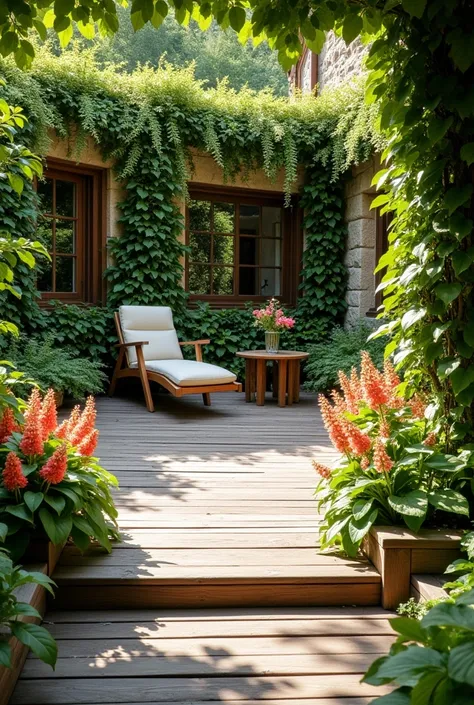 jardin présentation terrasse bois espace détente rustique massif végétaux correze
