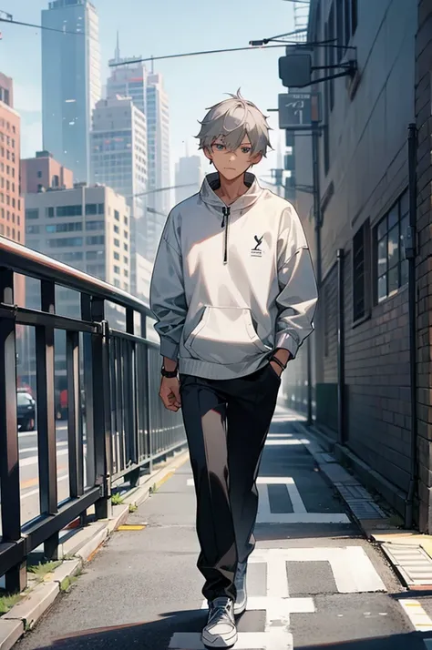 Battleship grey hair color, male, city background, street clothes