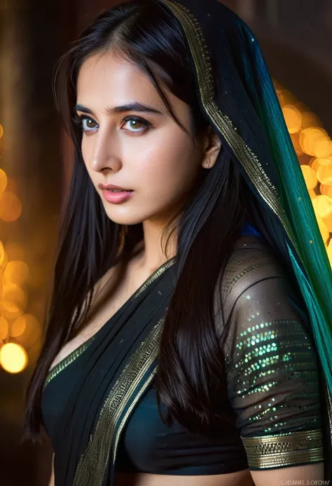 A beautiful Indian woman who looks like young Palak tiwari   with pale skin and long hair, Straight black hair. stunning, iridescent eyes, With an intense and mysterious look.  standing in black transparent sari  , Her appearance will be impressive, Attrac...