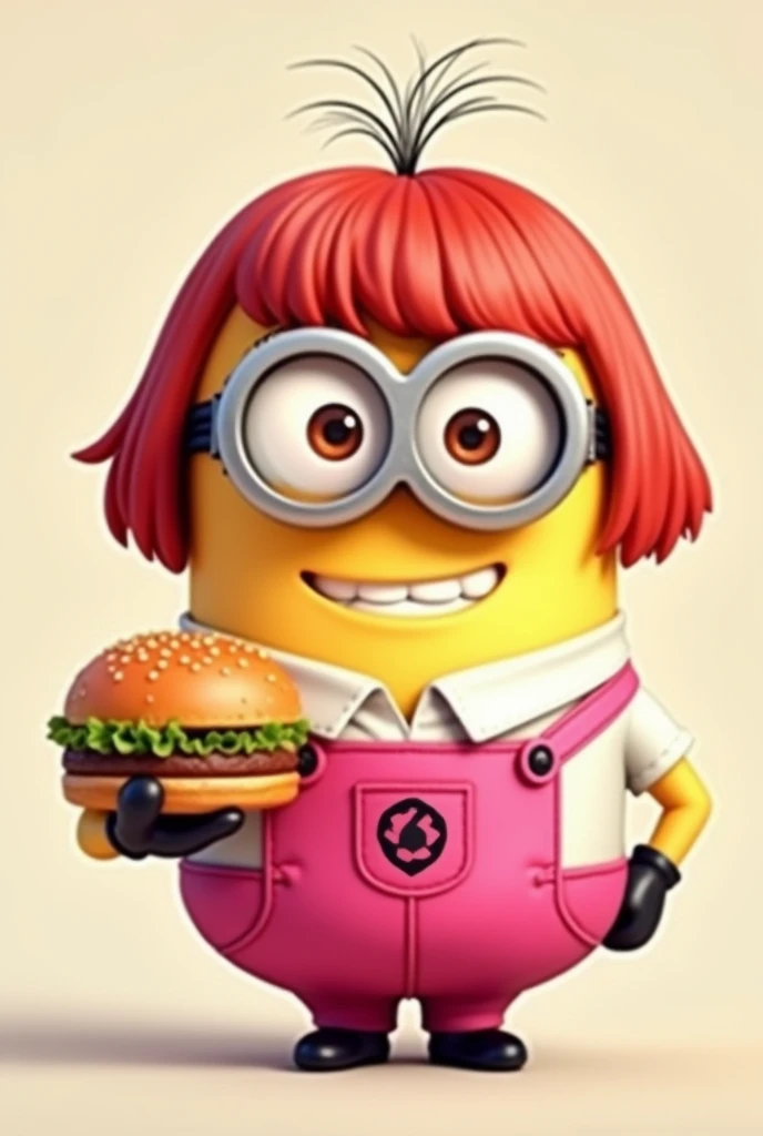 Minion , with pink clothes, red bob hair , white glasses, with a hamburger in hand