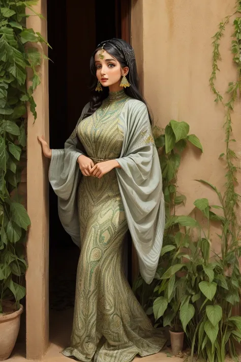 moroccan woman in dress with pattern of ferns and earth sand