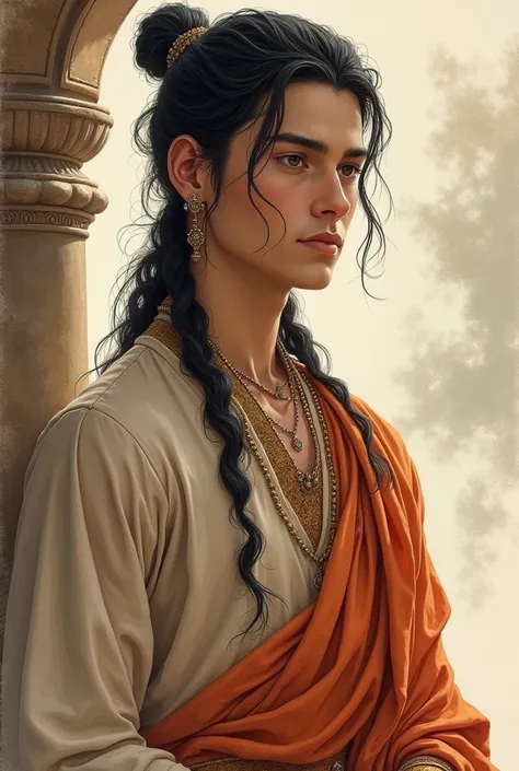 Ink painting style，A Brahmin in ancient India，Wearing gorgeous Indian clothes，Age 20 years old，He has a noble temperament。Tall and straight，Handsome face，The eyes are deep and bright，As if hiding endless thoughts。His hair was dark and thick，Bundled neatly ...