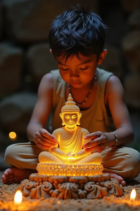 An indian boy creating Gautam Buddhas idol using dimonds