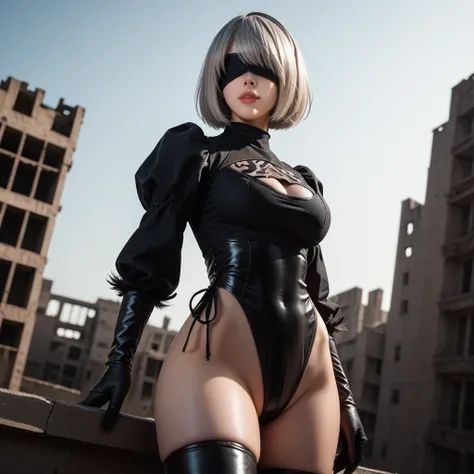 score_9, score_8_up, score_7_up, 32k,masterpiece, highest quality, 
photo realistic, super detail, vibrant colors, chiaroscuro lighting, cinematic lighting,
1 woman, inspired nier automata 2B,
bob cut, gray hair, bangs, mole under mouth, blindfold,
2B leot...