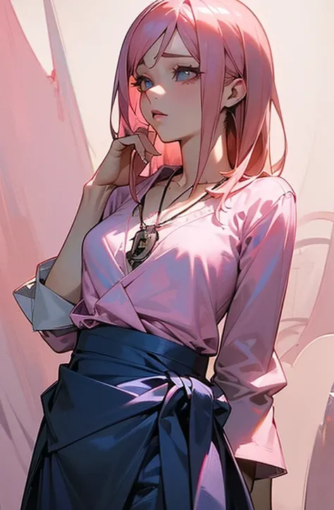 、sexy、Center of chest、Rize from Chainsaw Man、Beauty、Yandere、、Face close-up、Kiss with your eyes closed、Chest tattoo、Christian Dior Necklace、(Background white)、((From the waist up)).((Small breasts)).((Pink Hair)).Looking down、((Best Quality、Masterpiece:1.3)...