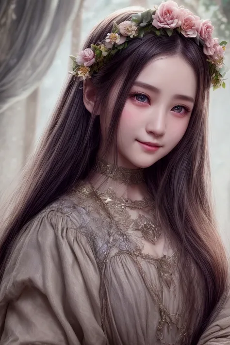 1 beautiful dulahan girl、holding her head and smiling gently、detailed face and eyes、detailed hair、detailed flower crown、medieval...