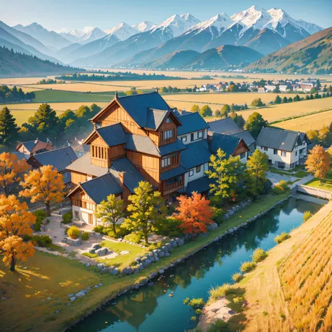 non character, middle-aged rural village, Wood and Stucco Houses in the center, lake in the back, large snow Mountains in the back, golden Wheat fields, (anime artstyle)