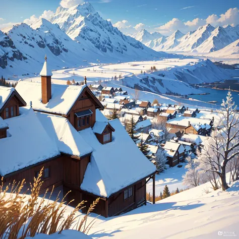 non character, middle-aged rural village, Wood and Stucco Houses, large lake in the back, super large snow Mountains in the back, golden Wheat fields, (anime artstyle)